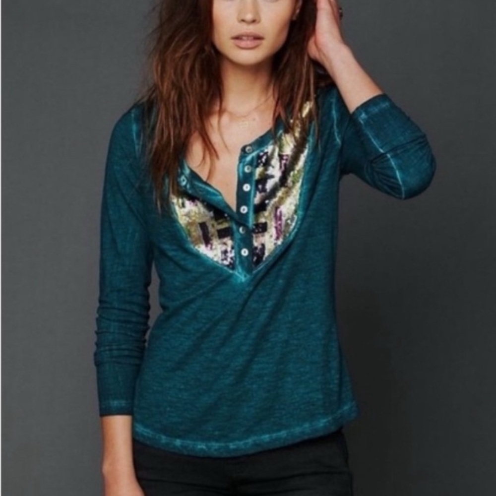 Free People Teal Long Sleeve Henley with Sequin V-Panel